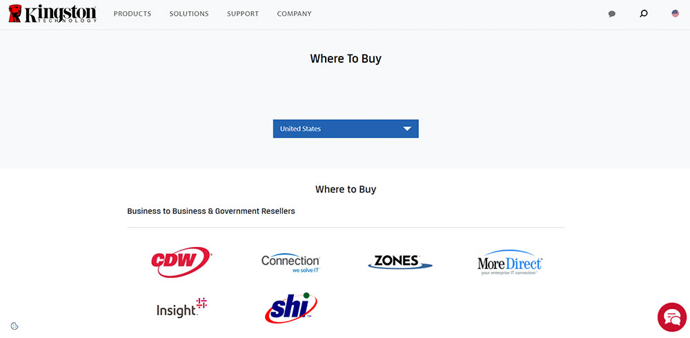 Kingston product locator page
