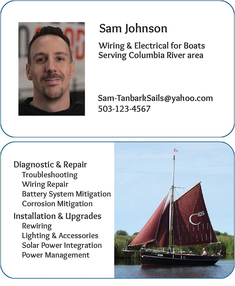 business card for man offering marine electrical services