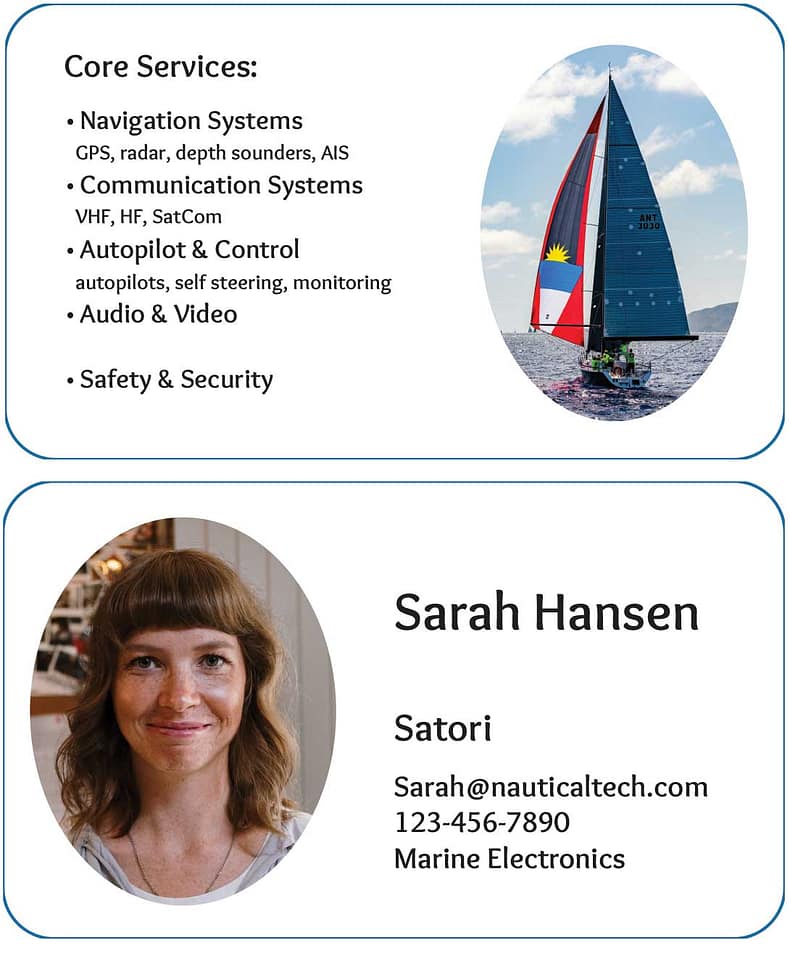 business card for woman offering marine services