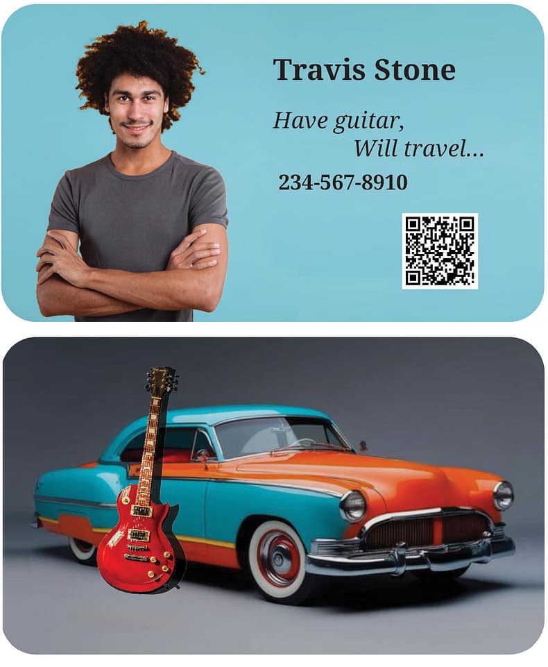 Business card for musician with an electric guitar and classic car
